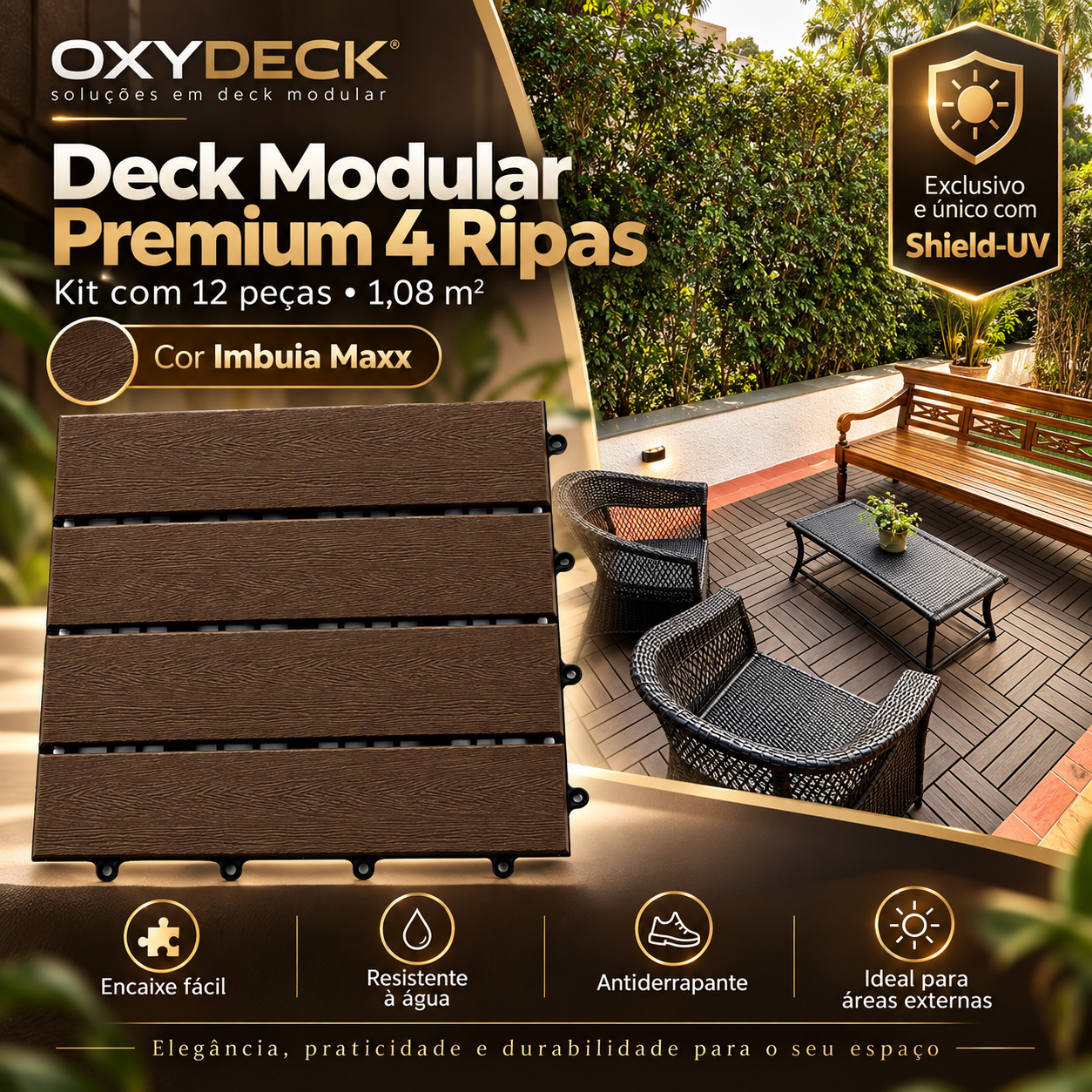 Deck Modular Premium 4 Ripas OxyDeck® SIGNATURE — Imbuia Maxx 5 Deck Modular Premium 4 Ripas OxyDeck® SIGNATURE — Imbuia Maxx - Imagem 5